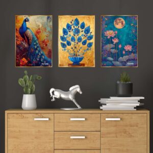 Set of Three Wall Paintings for Wall Dacoration Golden Framed Wall Paintings for Living Room & Bedroom Wall Art for Home Decoration & Office Wall Décor (18x12 inch CH-GD3-11)